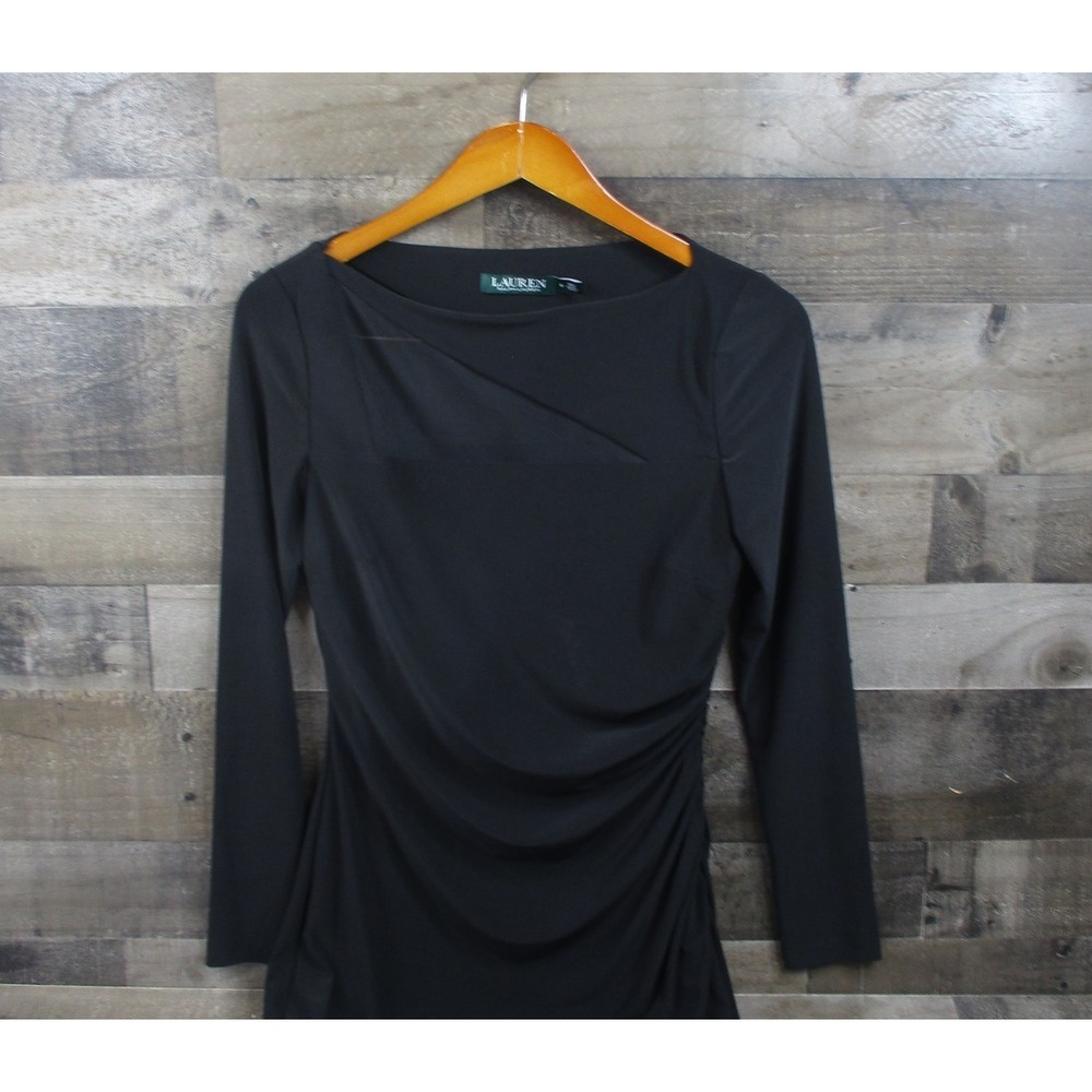 Lauren Ralph Lauren Dress Womens 6 Black Sheath Ruched Long Sleeve Elegant
